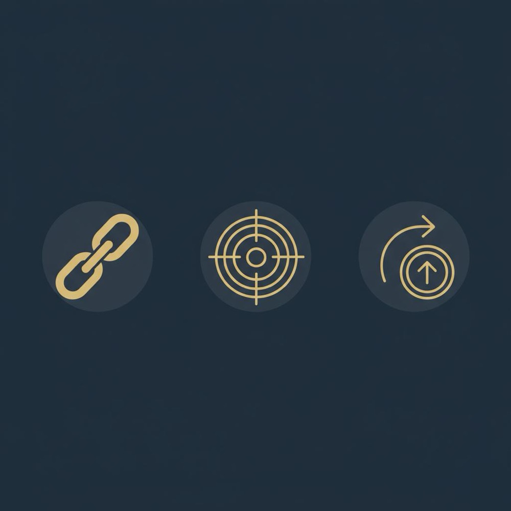 Minimal 2D vector infographic of a link chain, target audience bullseye, and referral traffic arrow illustrating backlink flow on a deep navy background