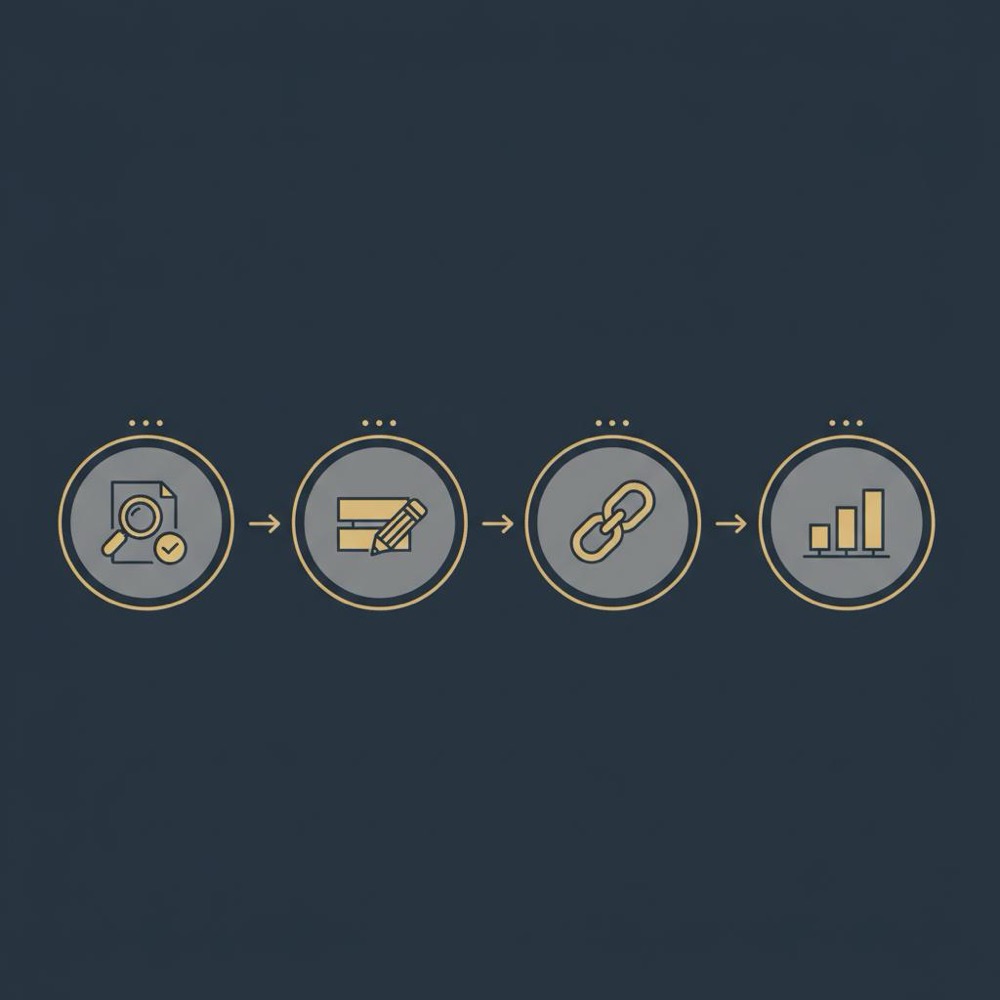 Minimal 2D vector infographic showing a left-to-right audit, content, links, measurement icon flow representing monthly seo cost on Orvus Ltd navy background.