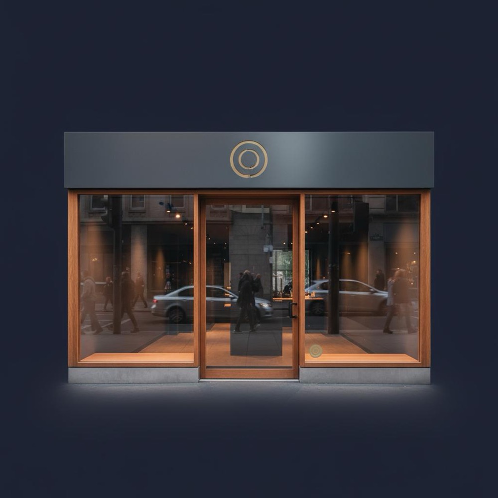 Minimalist small storefront with warm evening lighting, deep navy background and a subtle #C8A45D accent badge on the window, shallow depth of field showing a busy street - optimise my SEO