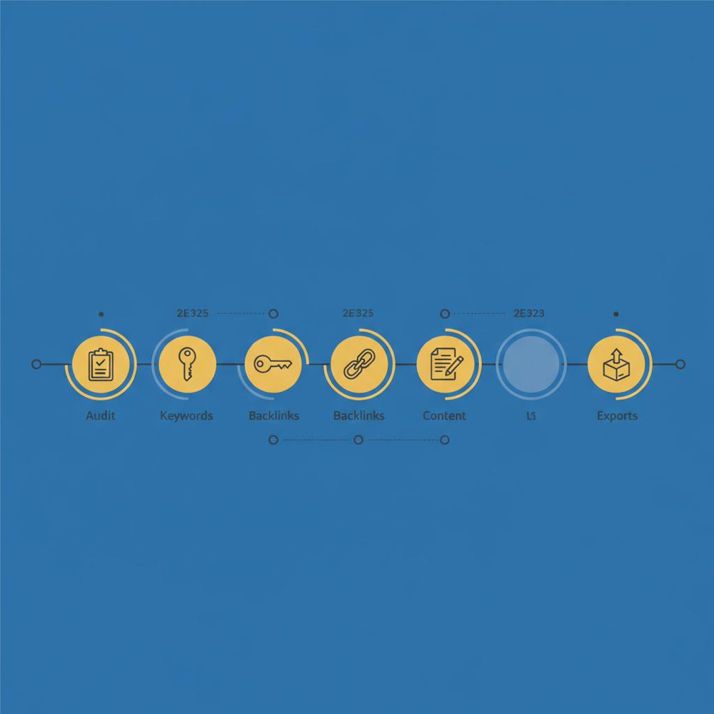 Minimal 2D vector 7-day timeline infographic with icons for Audit, Keywords, Backlinks, Content, Exports in Orvus Ltd colors, optimized for ahrefs $7 trial.