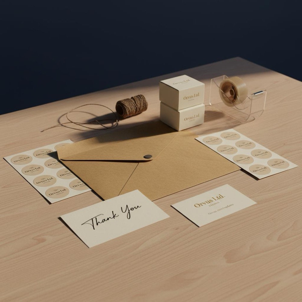Studio photo of a maker's desk with packaging, handwritten thank-you card and a business card inviting email signups - are sellers leaving etsy