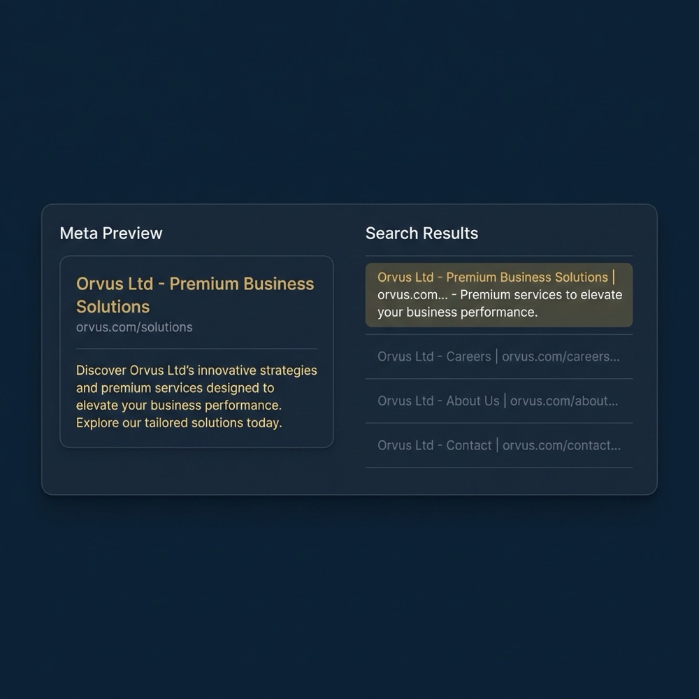 seo meta preview and search result side by side Orvus Ltd style dark navy background gold highlights minimalist screenshot