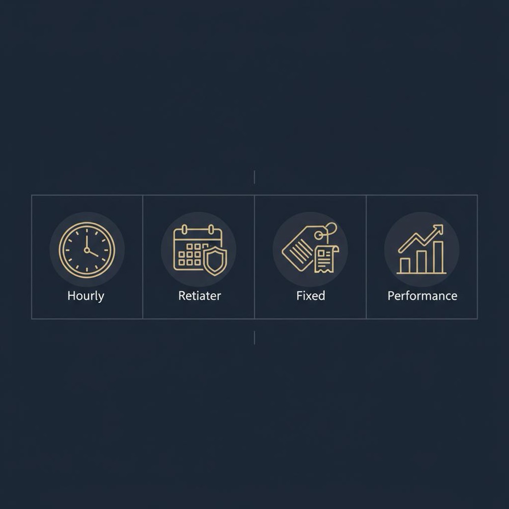 Minimal 2D vector infographic showing four icons for hourly, retainer, fixed, and performance pricing models in Orvus Ltd colors for seo pricing.