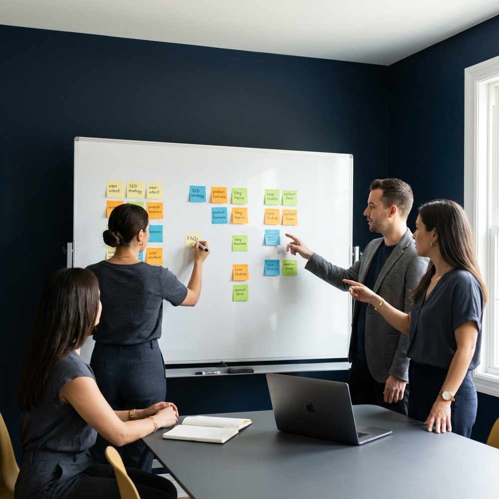 Small team mapping website content on a whiteboard with sticky notes and visible search queries minimalist office scene in Orvus Ltd brand colors longtail seo
