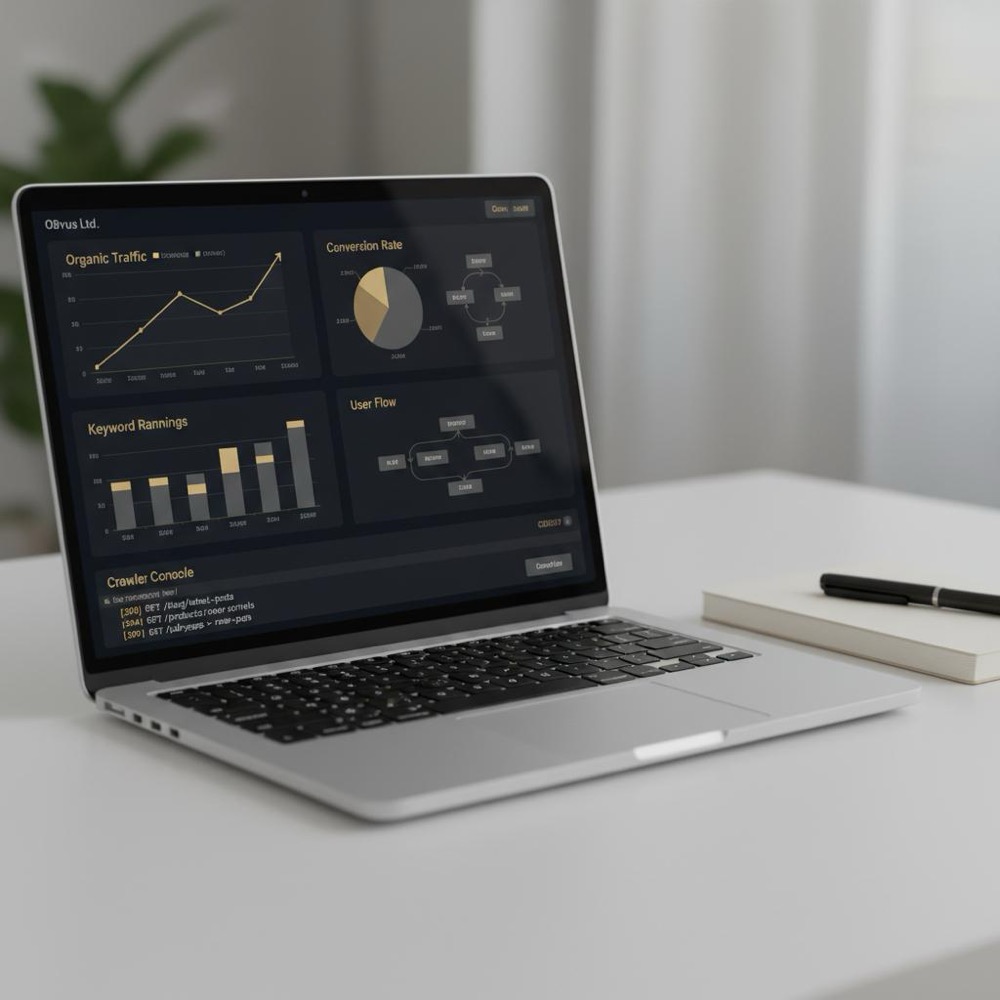 Close-up laptop screen displaying analytics graphs and crawler output in Orvus Ltd. colors, illustrating black hat SEO techniques on charts and code.