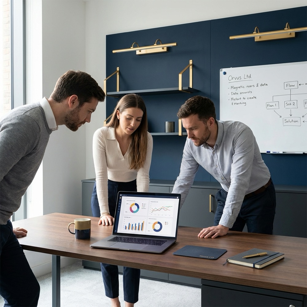 Small team reviewing laptop analytics with notes and whiteboard in a minimalist Orvus Ltd office with deep navy background seo business