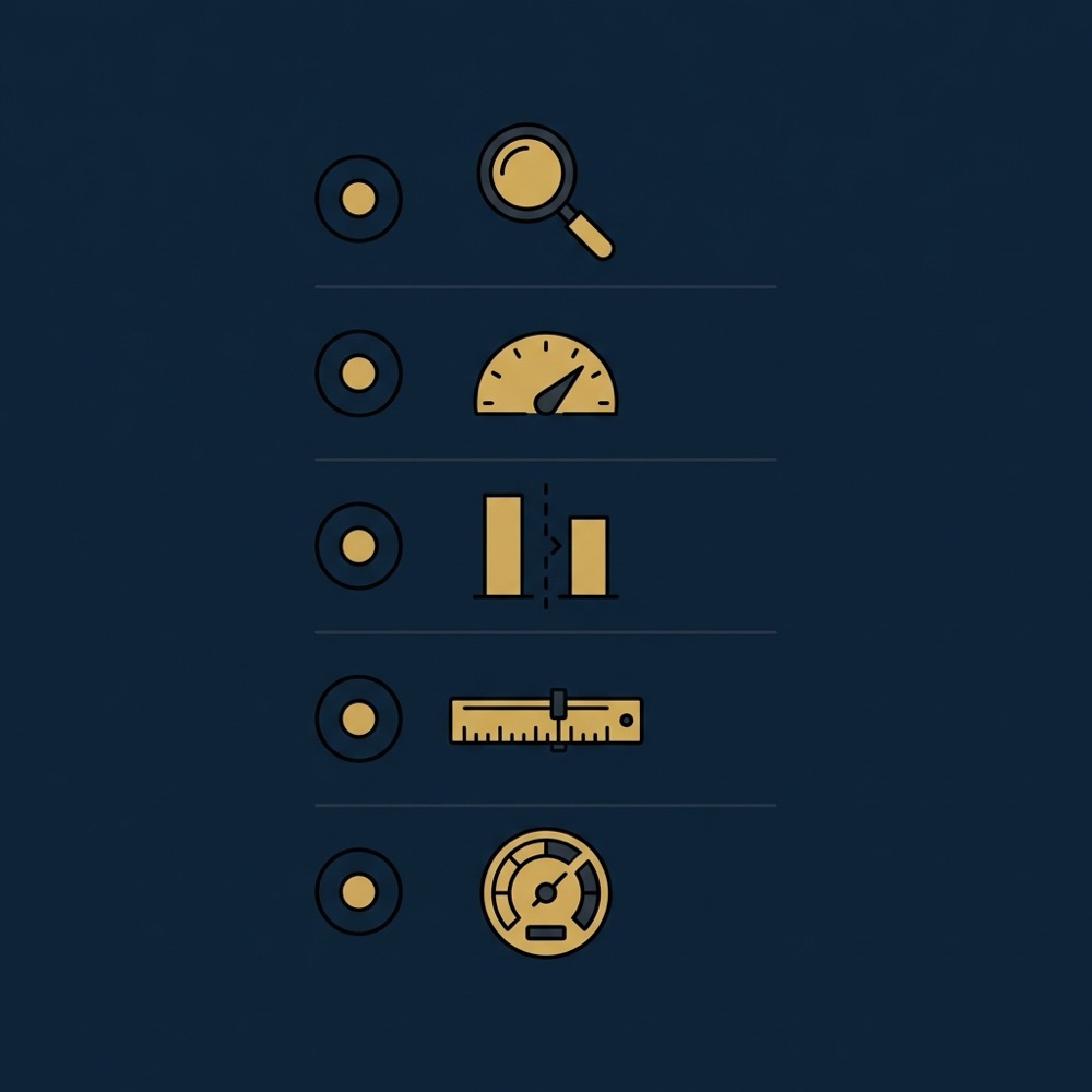 Minimal 2D vector checklist infographic with testing and measurement icons like magnifier speedometer and ruler on dark blue background for onsite seo