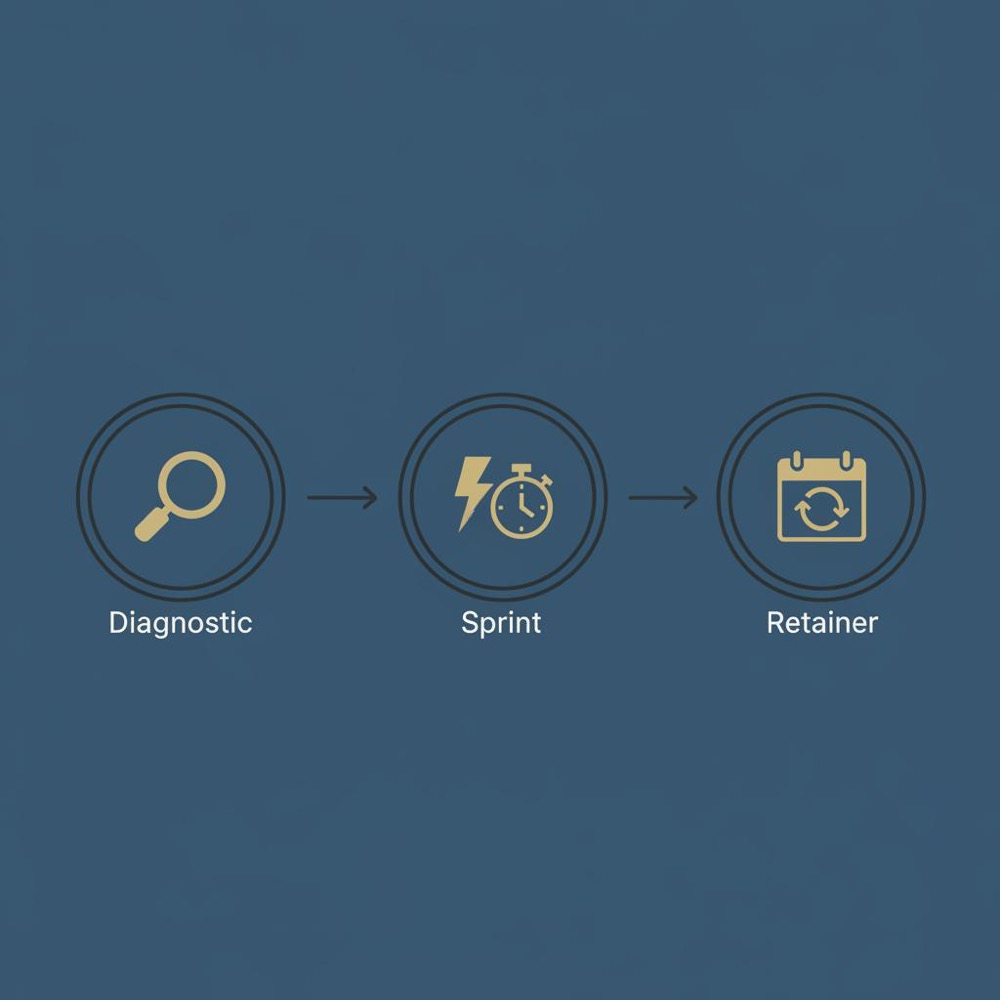 Minimal 2D vector infographic showing a three-step freelance SEO tasks process with magnifying glass, sprint rocket, and calendar loop icons on a dark blue Orvus brand background.