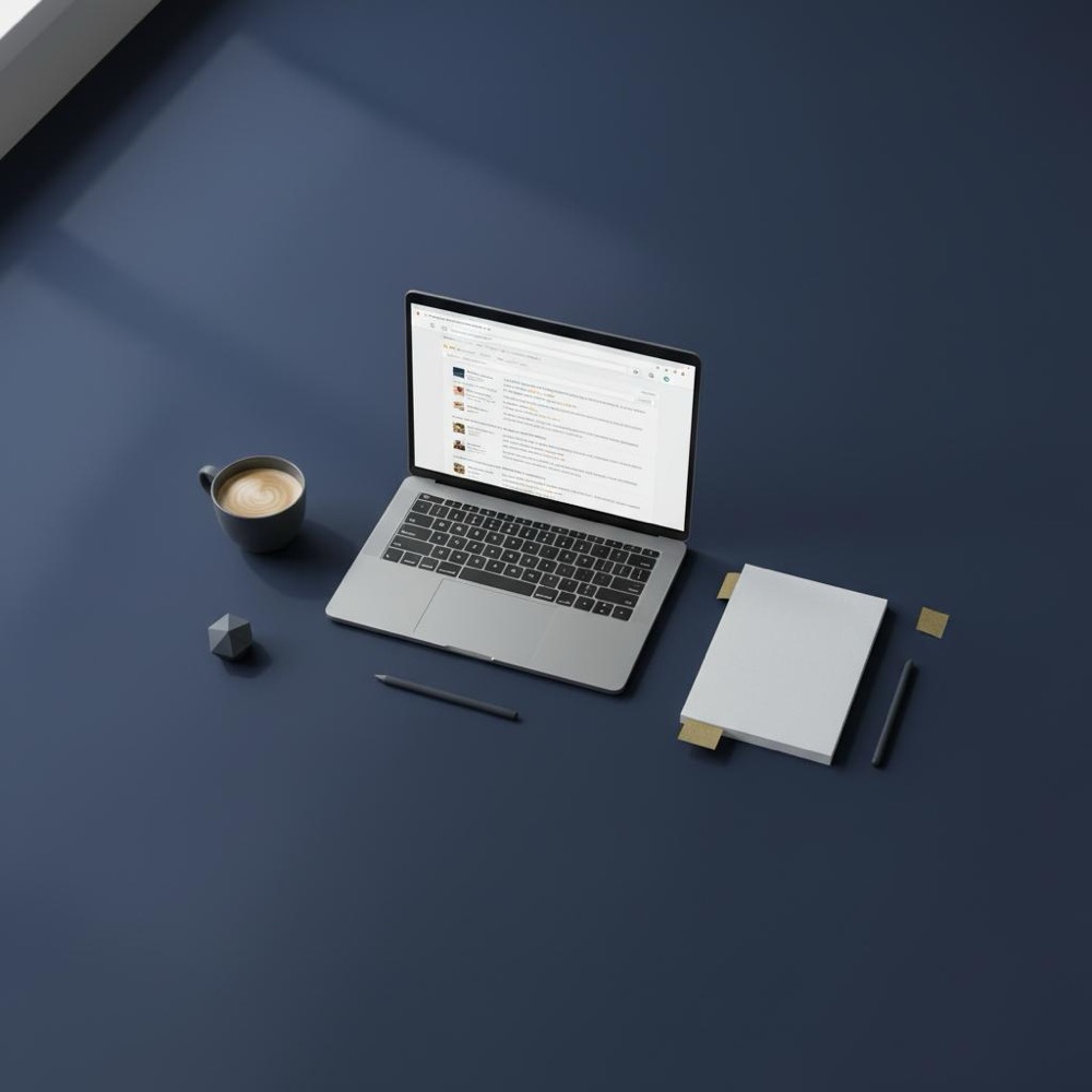 Overhead photo of a minimalist content planning desk with laptop showing SERP results, printed briefs, muted #C8A45D sticky notes and coffee cup on navy #0B1E33 background. LSI keyword
