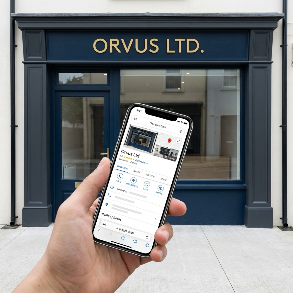 Small shop exterior with gold signage and smartphone displaying a Google Maps business profile seo google my business on a dark blue minimalist background