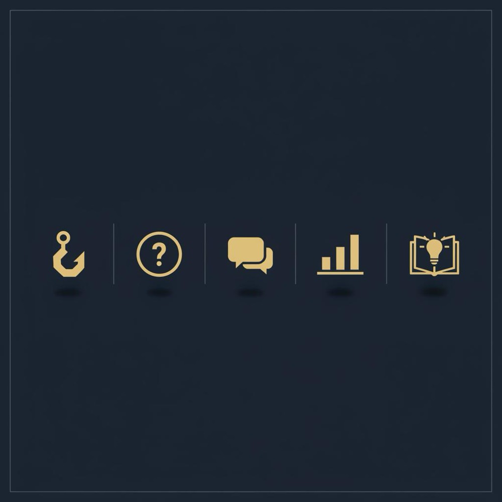 How do I start my article? minimalist 2D vector infographic with five horizontal icons representing five opening formulas on navy background #0B1E33 with gold accents #C8A45D
