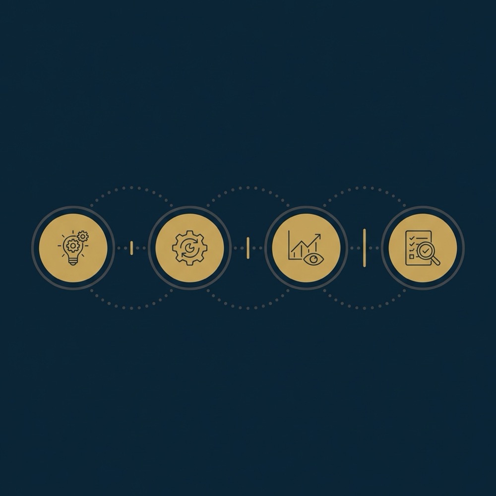 Minimal flat vector infographic of a 30 to 90 day experiment timeline with planning testing tracking and review icons in Orvus Ltd brand colors backlink services