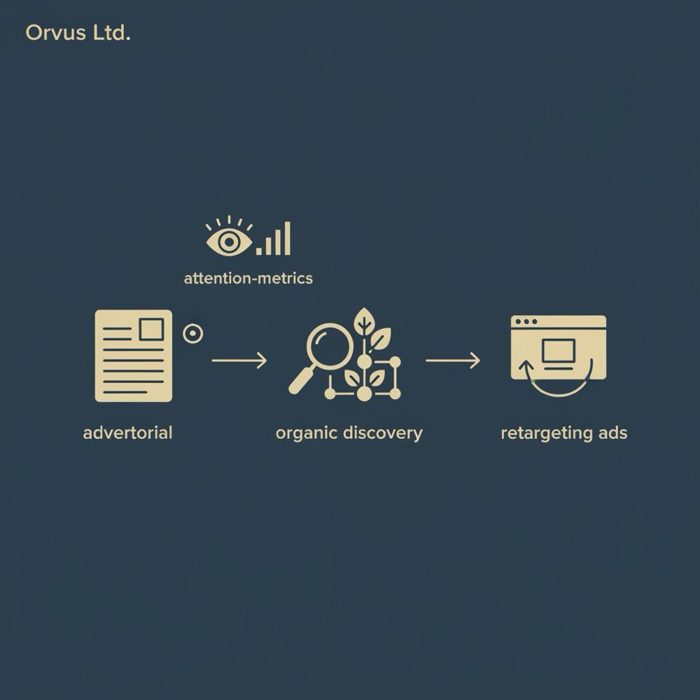 Minimal 2D vector infographic showing flow from advertorial to organic discovery to retargeting ads with disclosure and attention-metrics icons in Orvus brand colors, advertorial vs ad