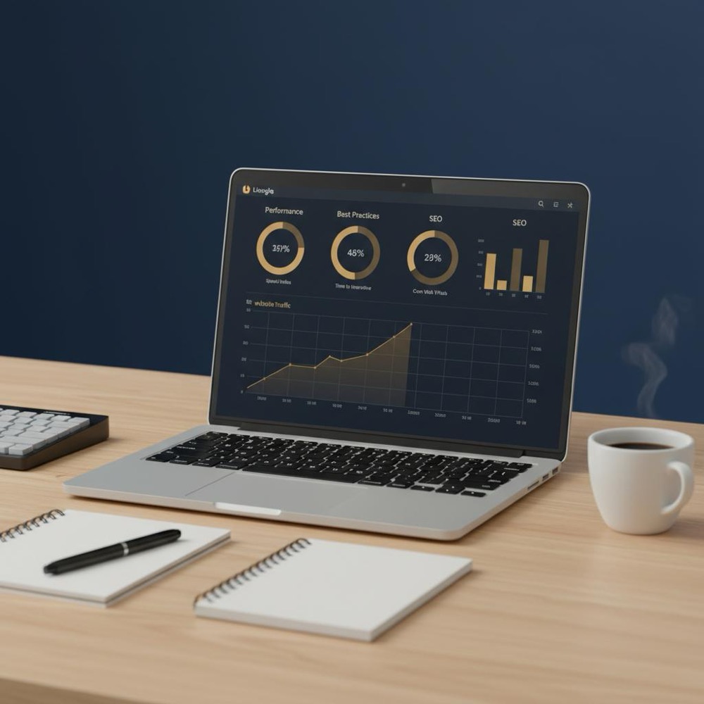 Minimalist developer desk with laptop showing a Google Lighthouse SEO report and charts, focused on the screen and tools - how do i know if a website has seo