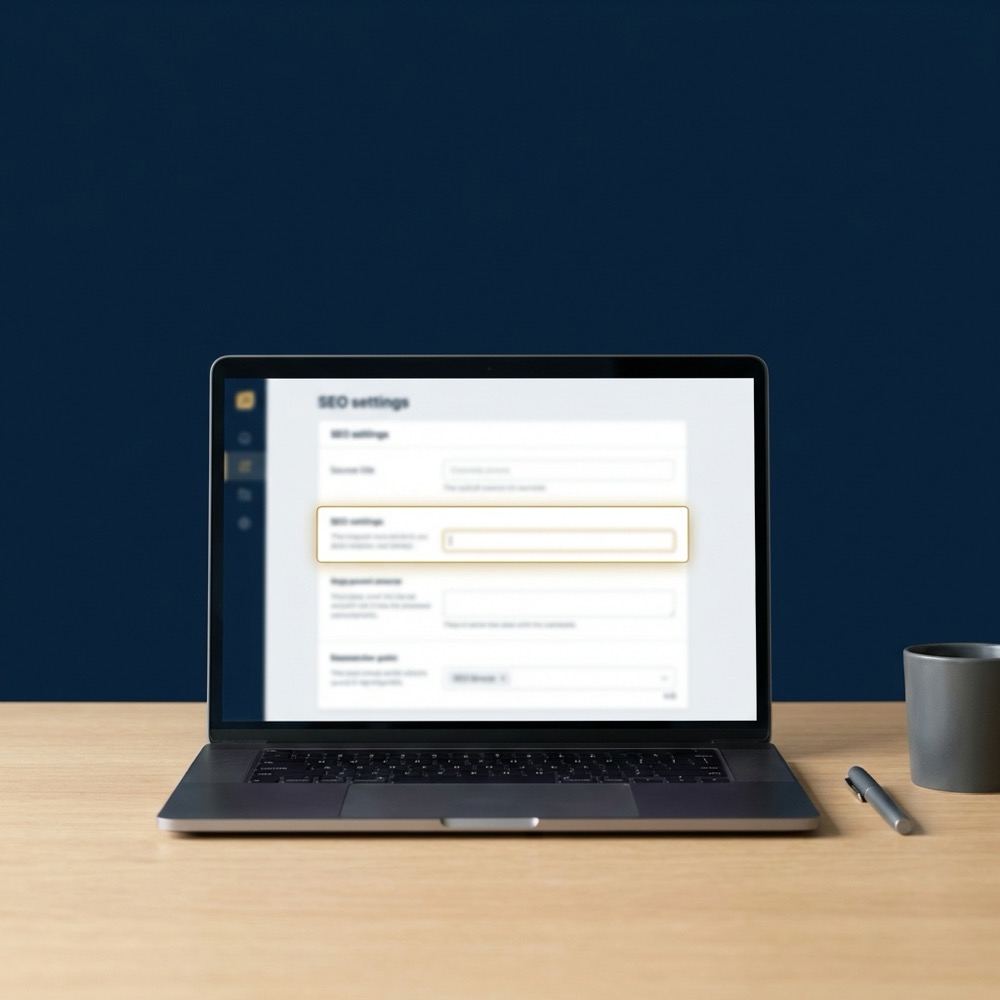 Minimalist desktop with laptop showing an SEO settings panel and highlighted metatags field in Orvus gold on deep navy background