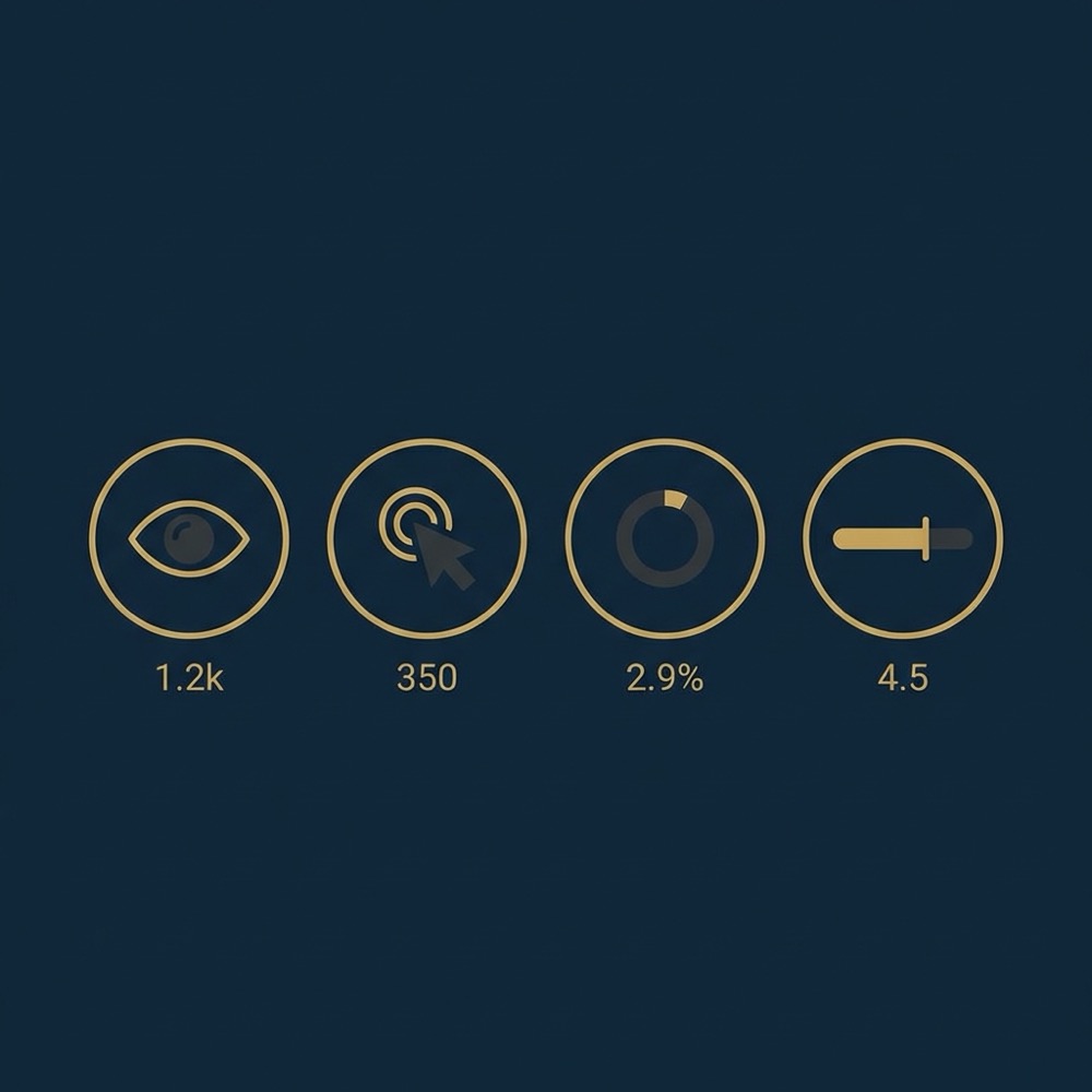 Minimal 2D vector infographic showing Search Console metrics impressions clicks CTR and average position in Orvus Ltd brand colors for organic search engine optimization