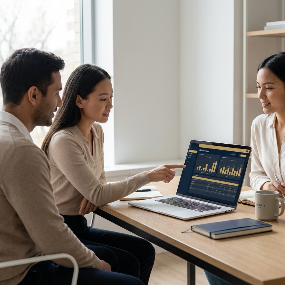 Small marketing team of three reviewing ad performance dashboards on a laptop in a minimalist office with deep navy background and warm gold accents featuring google seo keywords