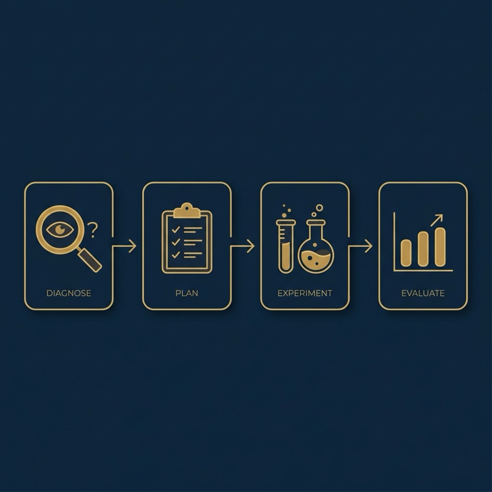 Minimal 2D vector infographic illustrating a diagnostic to experiment workflow with four simple icons and short labels on dark background seo stands for