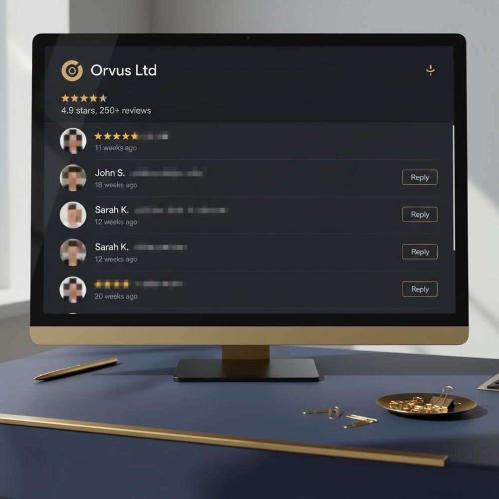 Close-up of a desktop or phone screen showing a blurred Google Business Profile review list on a dark blue desk with subtle gold accents - how long do Google reviews stay