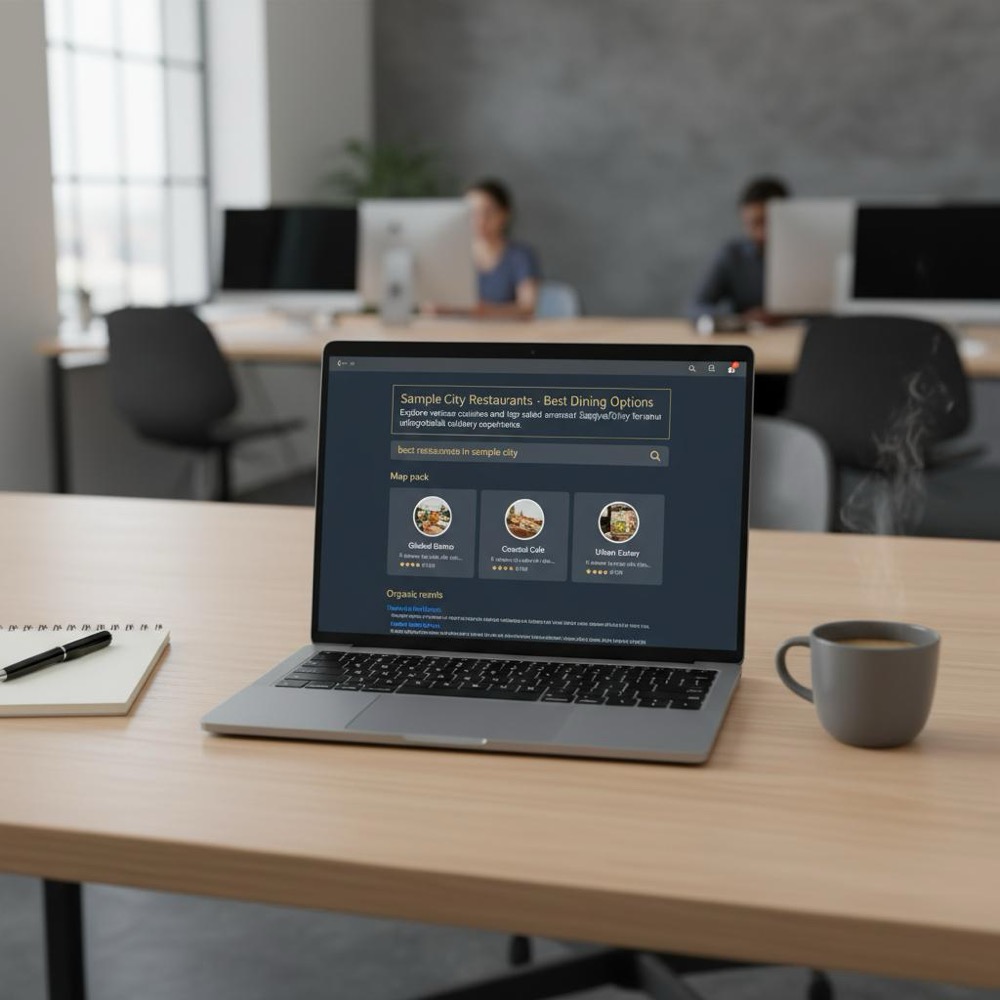 Realistic newsroom laptop screen showing a search results page with a featured snippet and map pack, minimalist Orvus UI accents and tidy desk setup - example of a SERP