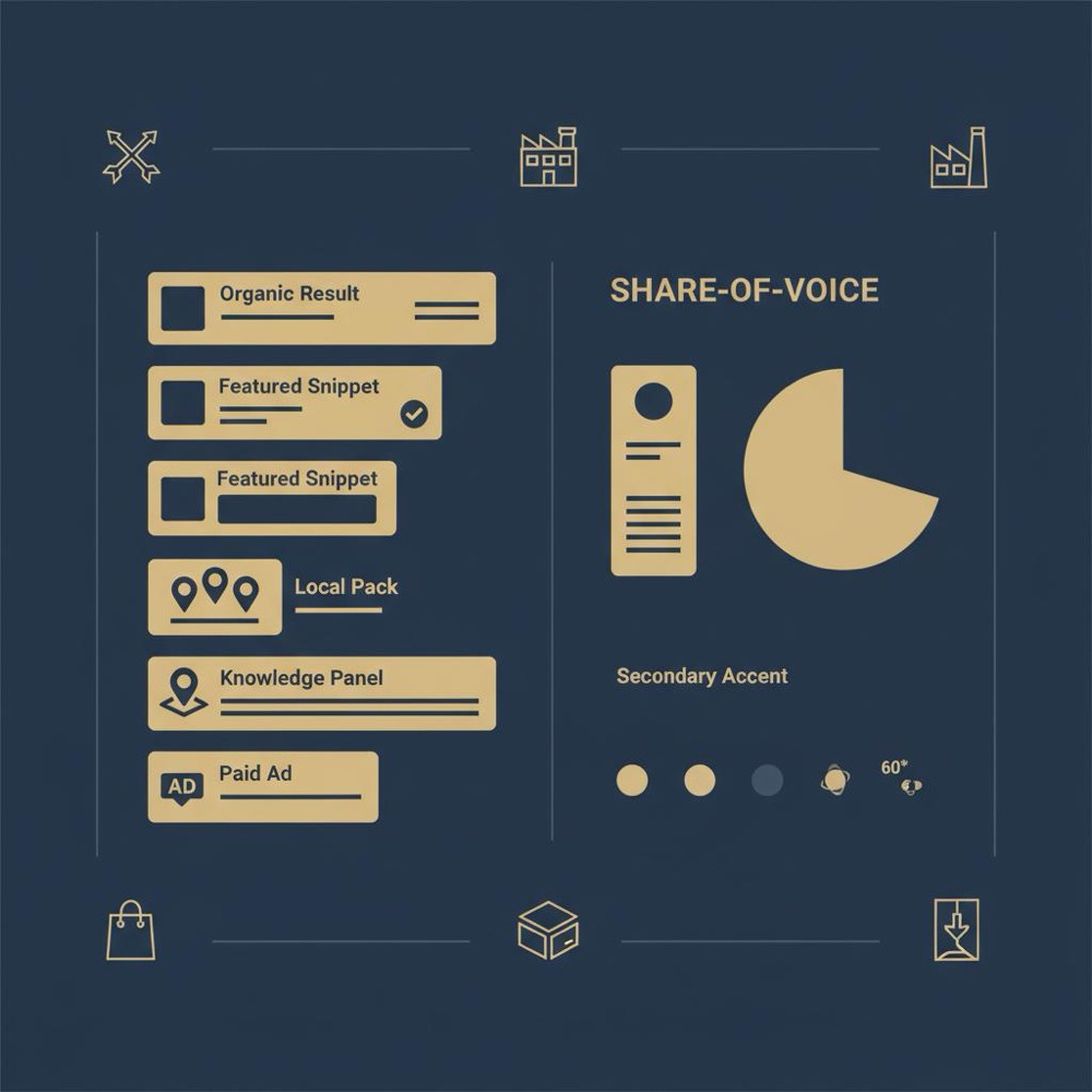 Minimal 2D vector infographic of SERP anatomy and a share-of-voice pie chart on navy background in Orvus Ltd. brand colors, visually linked to Porter's Five Forces
