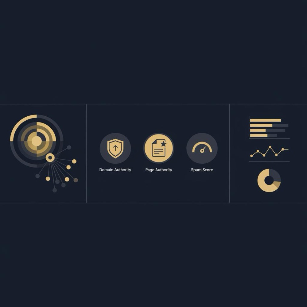 Is Moz legit: minimalist vector infographic showing stylized link-index nodes, icon badges for domain authority, page authority and spam score, plus small charts on a deep navy background.