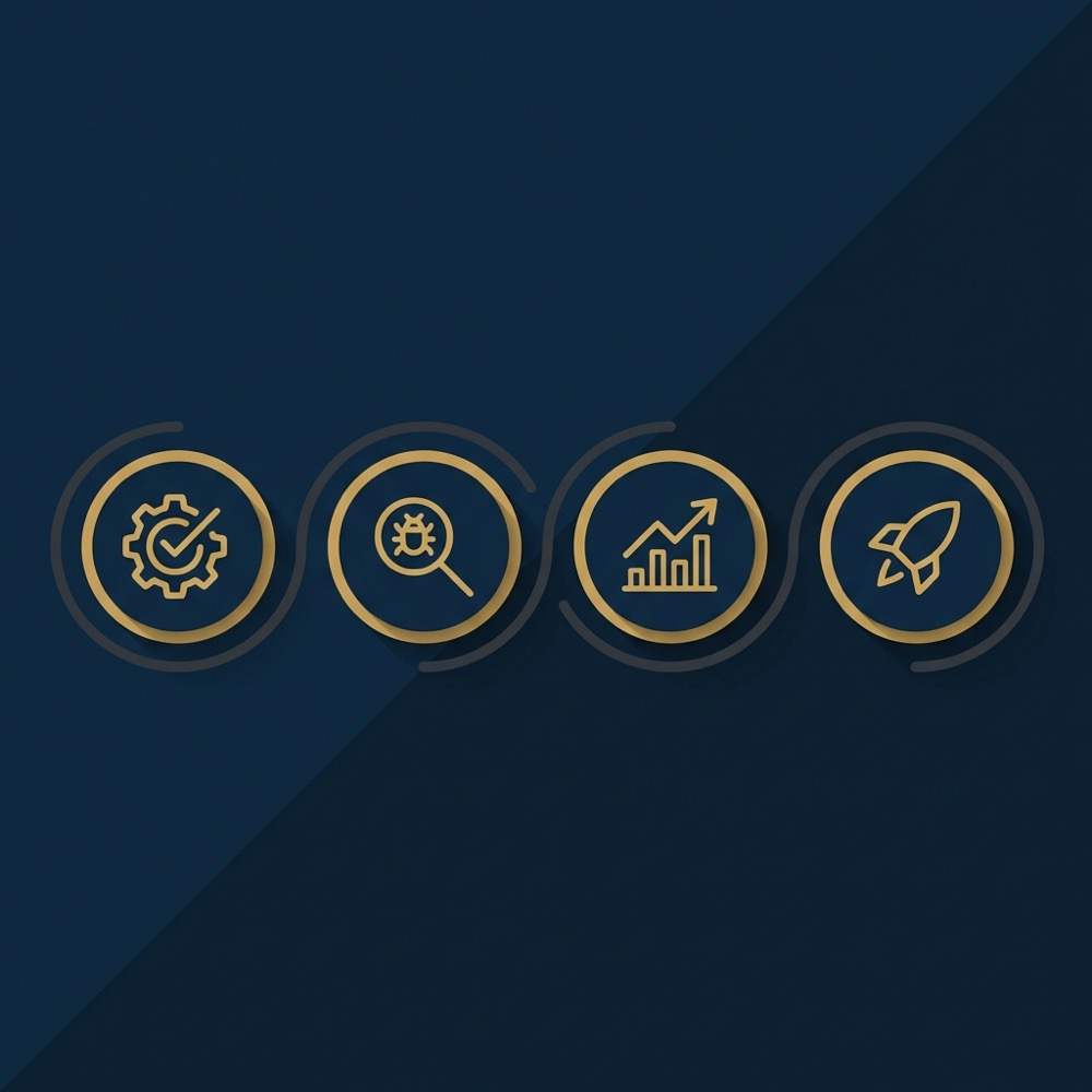 Minimal 2D vector infographic showing a four step testing workflow with simple icons on a deep navy background in Orvus Ltd brand colors squarespace seo
