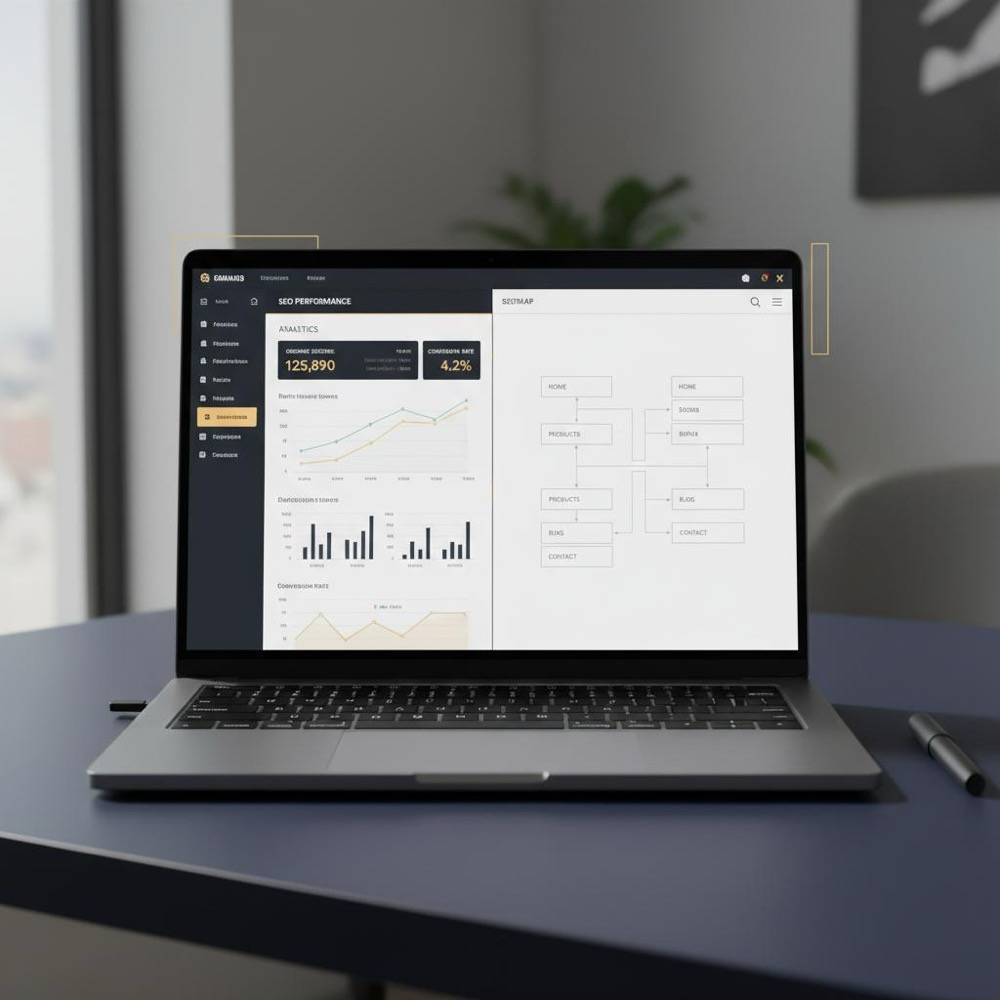 Close-up laptop screen showing analytics dashboard and sitemap wireframe for an seo plan on a dark navy desk with Orvus Ltd. brand accents