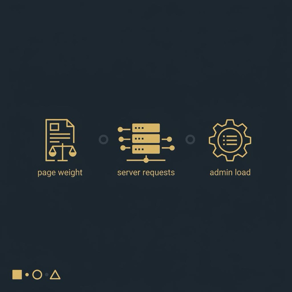 yoastseo infographic vector icons showing page weight server requests and admin load on dark blue background with gold and gray accents