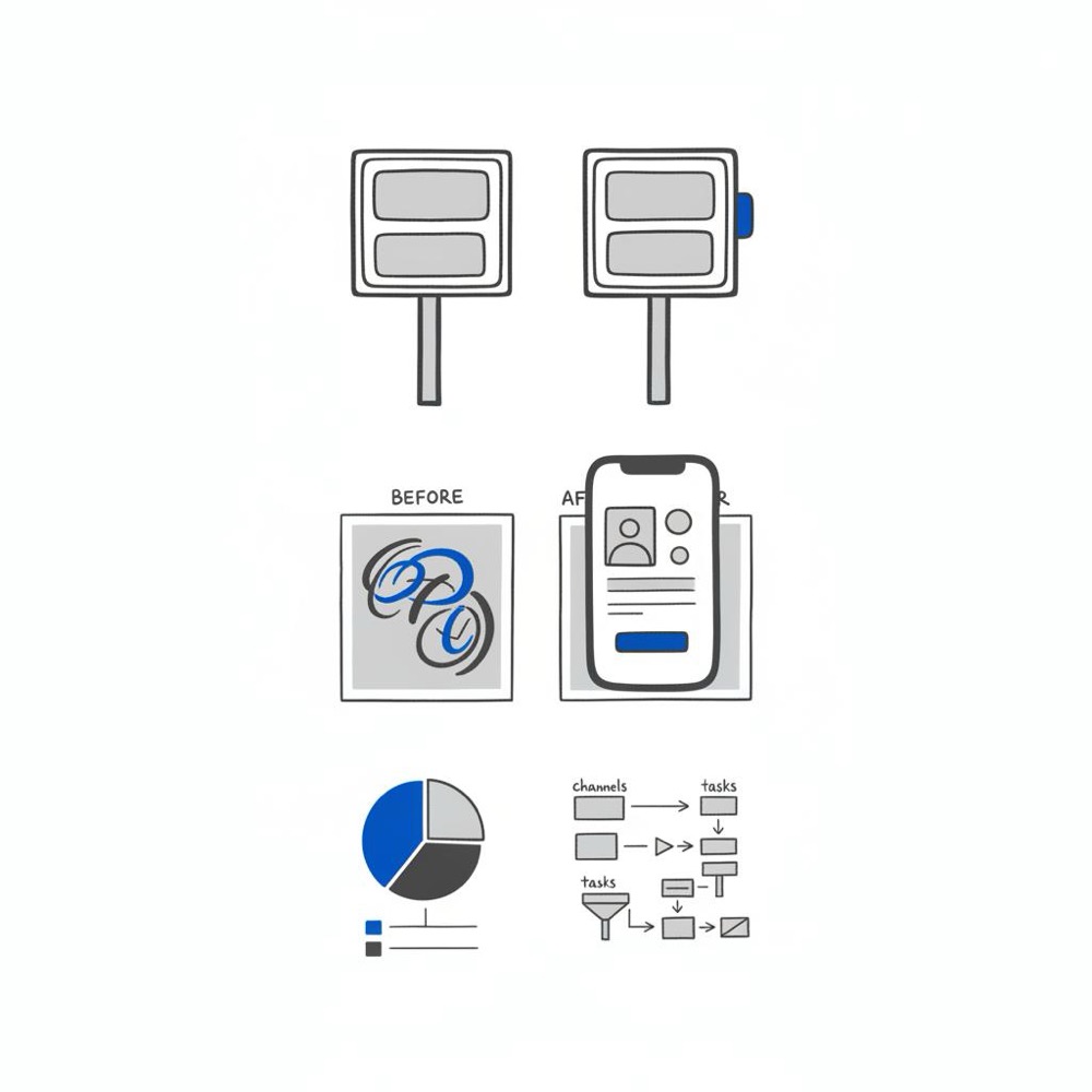 Minimalist 2D vector flat-lay of a painting business advertising kit: yard sign mockups, phone profile mockup, before-and-after photo frames, and a budget pie chart on a white background.