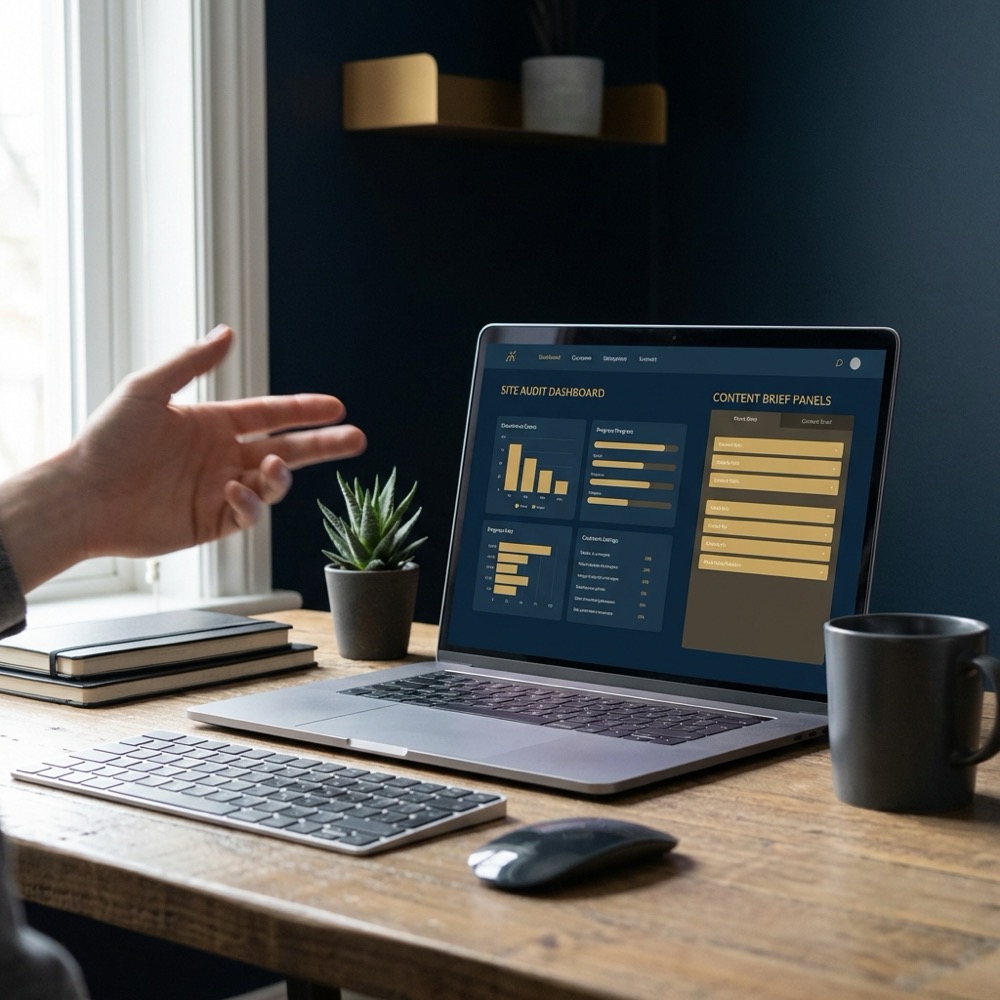 Marketer at a minimalist desk reviewing a laptop with a site audit dashboard and content briefs on screen using Orvus Ltd brand colors representing monthly seo services