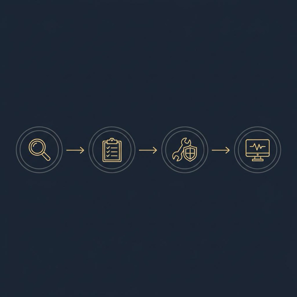 Minimal vector flowchart on dark navy background showing four icons (magnifying glass, clipboard, wrench+shield, monitor) representing detection→audit→remediation→monitoring for black hat SEO techniques