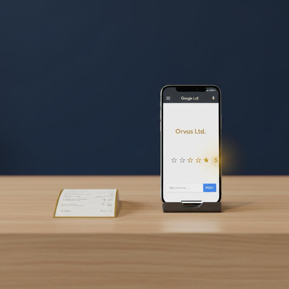 Small shop counter with receipt and phone showing a Google review dialog asking how many 5 star reviews to cancel a 1 star Google, minimalist navy and warm gold accents