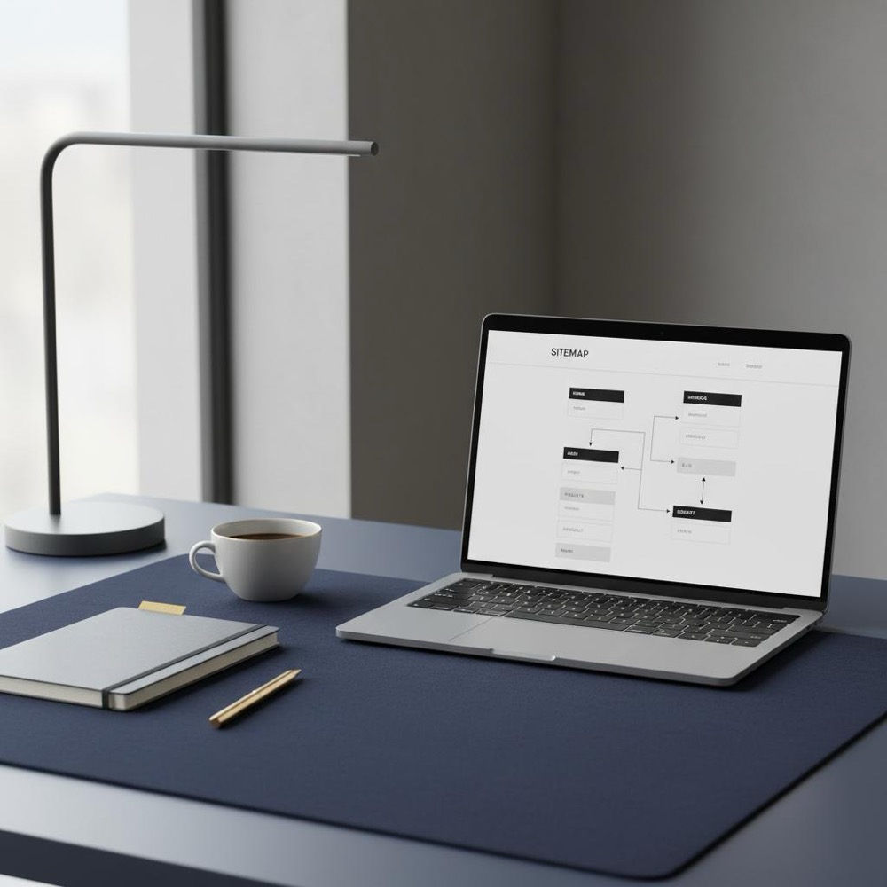 Minimal studio workspace with laptop showing a sitemap diagram, notebook and coffee, brand accents in #C8A45D on deep blue background - on-site vs off-site SEO