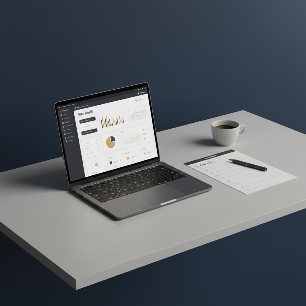 Minimalist desk with laptop showing a site audit dashboard, printed checklist and coffee cup on a #0B1E33 background - What is Moz Pro used for?