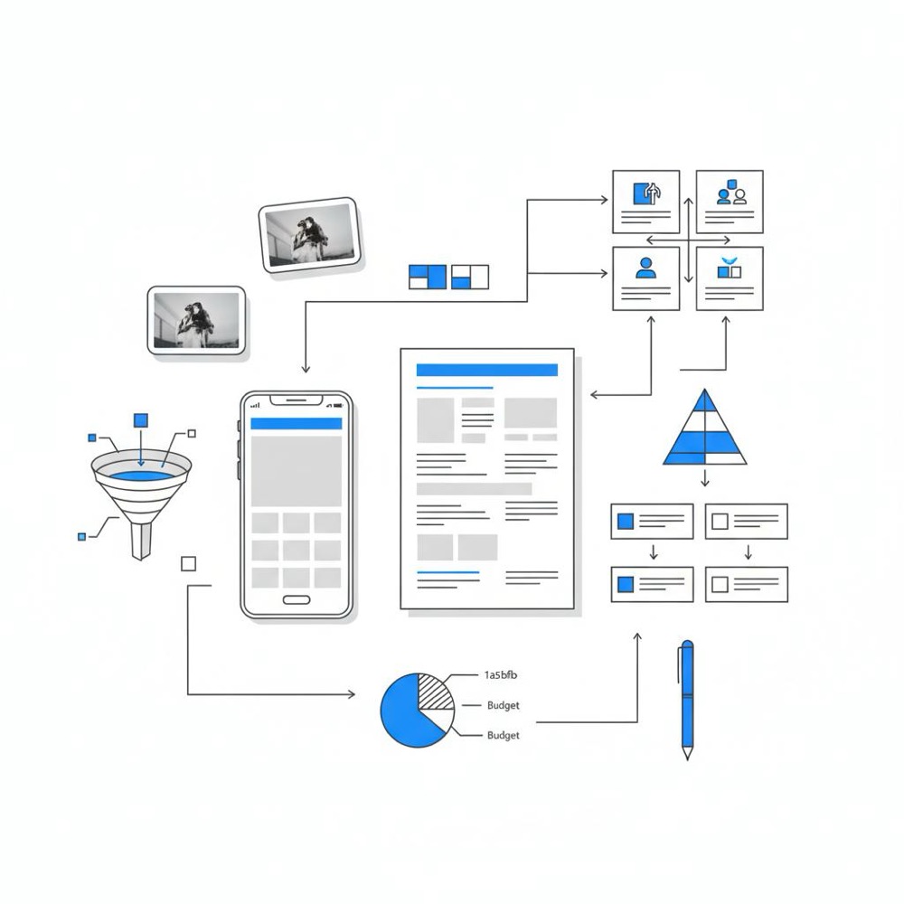 Minimal 2D vector tabletop scene with a smartphone mockup, printed case-study sheet, scattered photo cards and four diagram blocks suggesting agency comparison - What are the big 4 marketing agencies?