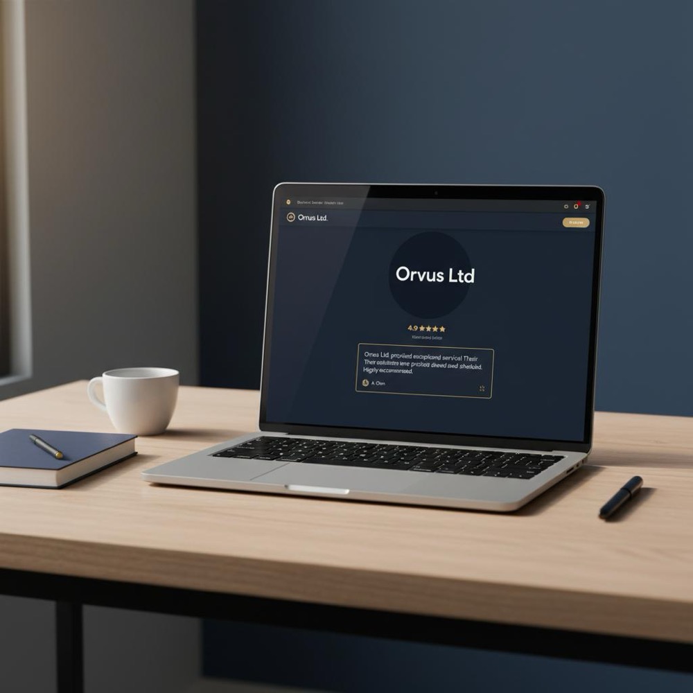 Close-up of a laptop showing a Google Business Profile with a highlighted review on a wooden desk beside a notebook and coffee cup, warm muted lighting - illustrating how to prevent Google reviews.