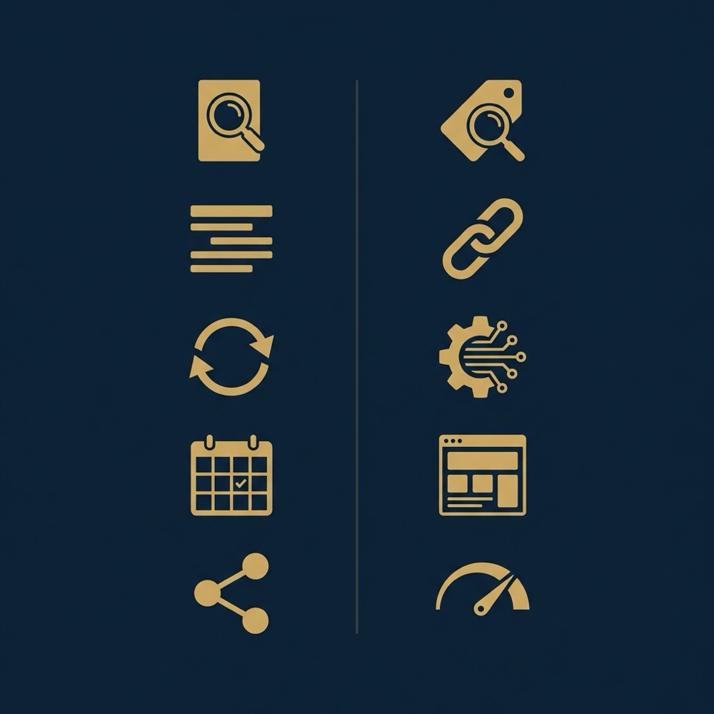 Minimal two column 2D vector infographic showing icons for content optimization tactics and SEO tasks on a dark Orvus Ltd background color 0B1E33 with secondary accents C8A45D and divider accents 2E3237