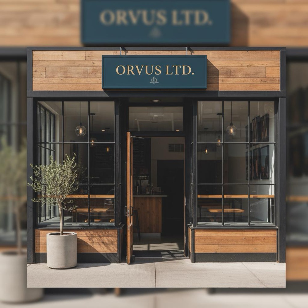 Small minimalist café storefront with open door and visible sign in natural light, muted colors matching Orvus Ltd. palette - SEO without paying