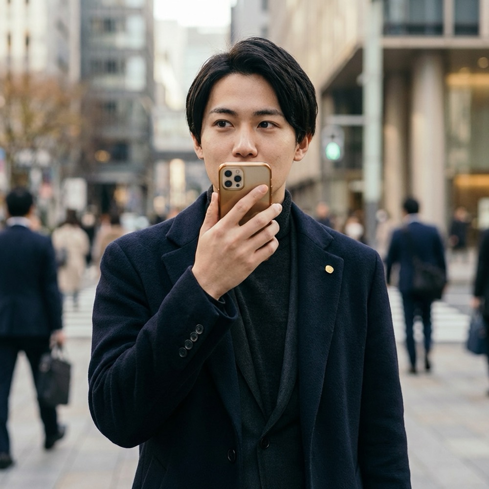 Young professional using smartphone for voice search seo while walking during urban commute against deep navy background with warm gold accents minimalist composition