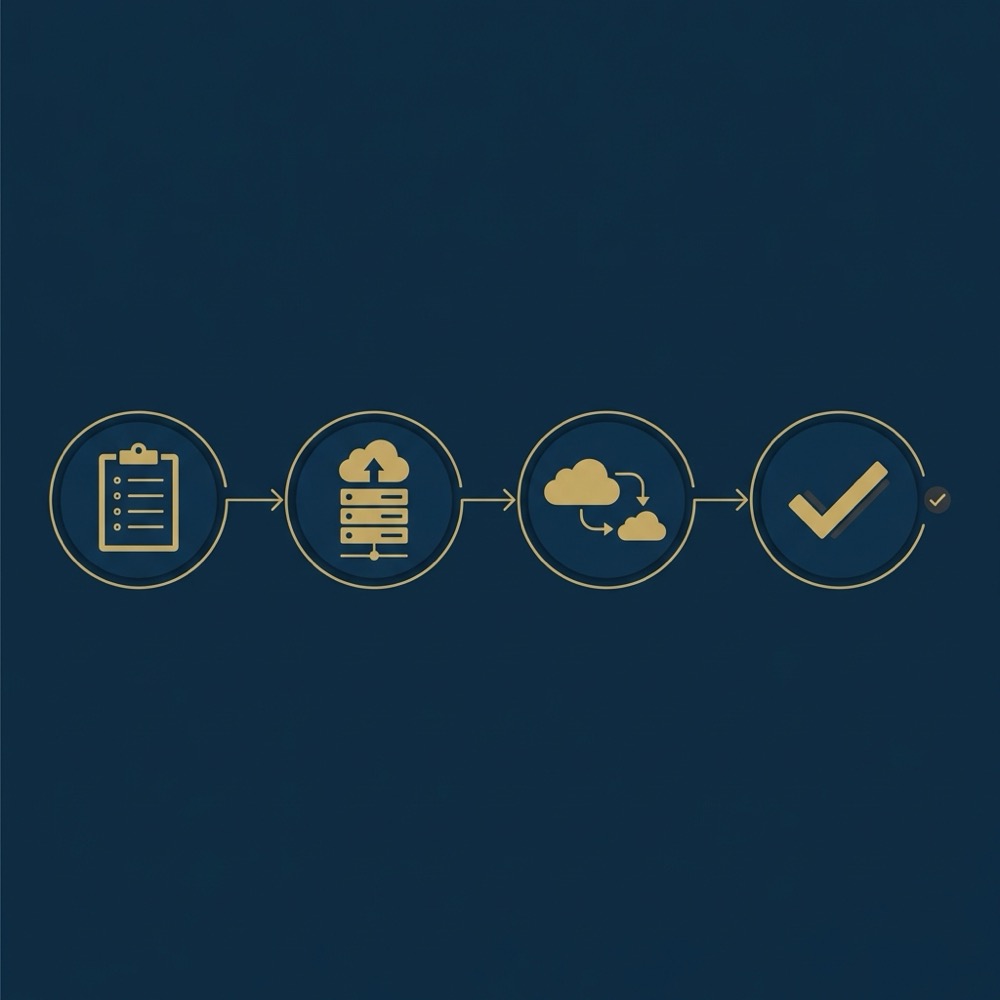 Minimalist vector migration checklist infographic for rankmath seo showing four icons plan backup transfer verify on dark blue background with gold accents