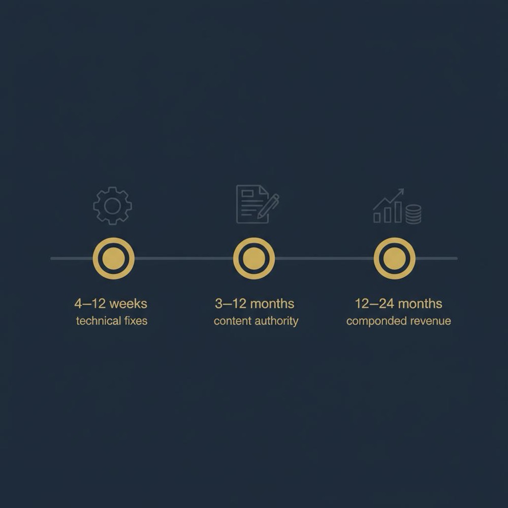 Minimalist vector timeline infographic on #0B1E33 showing 4-12 weeks, 3-12 months, 12-24 months stages in Orvus brand colors, designed to hire seo consultant