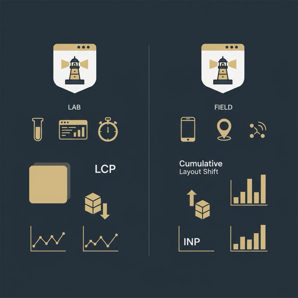 Minimal 2D vector split infographic showing lab and field metrics with Core Web Vitals icons and a generic lighthouse style performance badge onpage