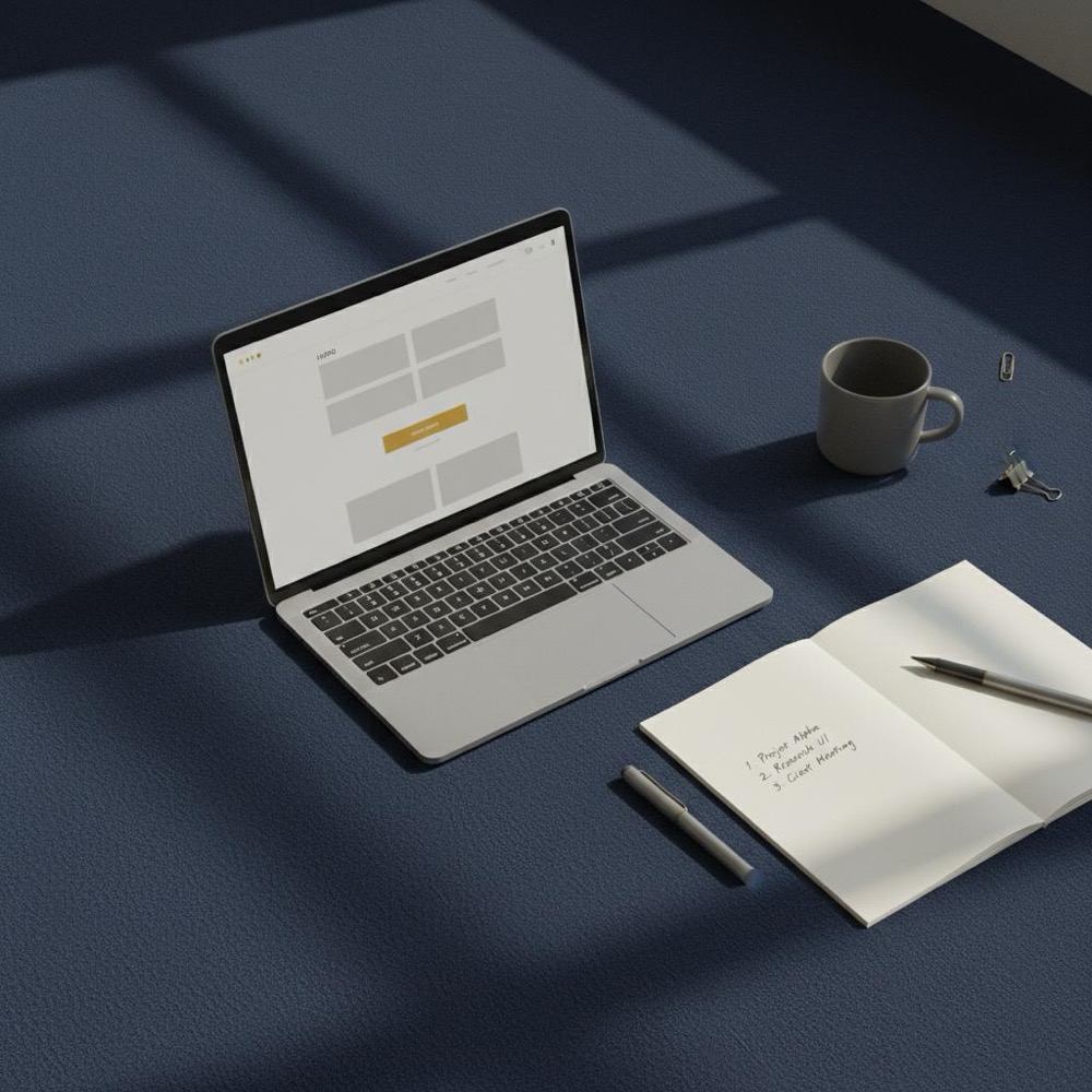 Minimalist close-up workspace with notepad checklist and laptop showing a landing page mockup, subtle Orvus Ltd. accents in #C8A45D - 3 C's of copywriting