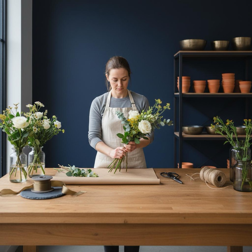 Florist arranging bouquets in a minimalist small-business studio with natural light, navy background and muted gold accents - meta keywords
