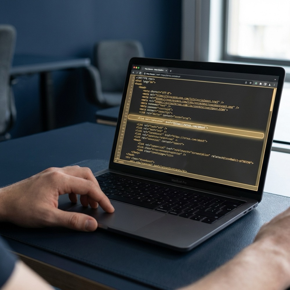 Close up of a developer viewing the HTML head in a browser view source panel on a laptop highlighting a canonical link tag canonicalization seo