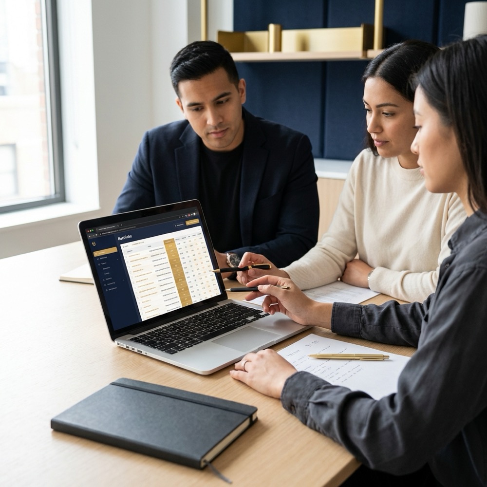 Small marketing team of three reviewing a backlink analysis spreadsheet on a laptop at a minimalist desk with Orvus Ltd brand colors 0B1E33 and C8A45D