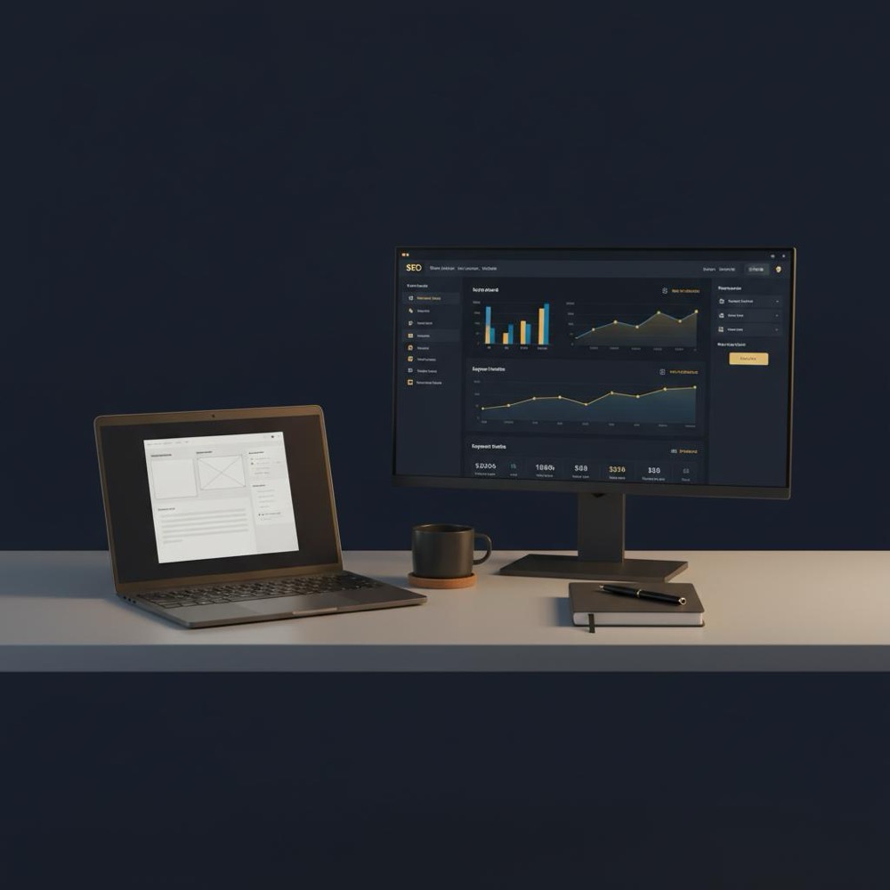 Minimalist editorial workspace with laptop drafting an article and a second monitor showing an SEO dashboard, warm lighting and subtle brand accents - ChatGPT for SEO