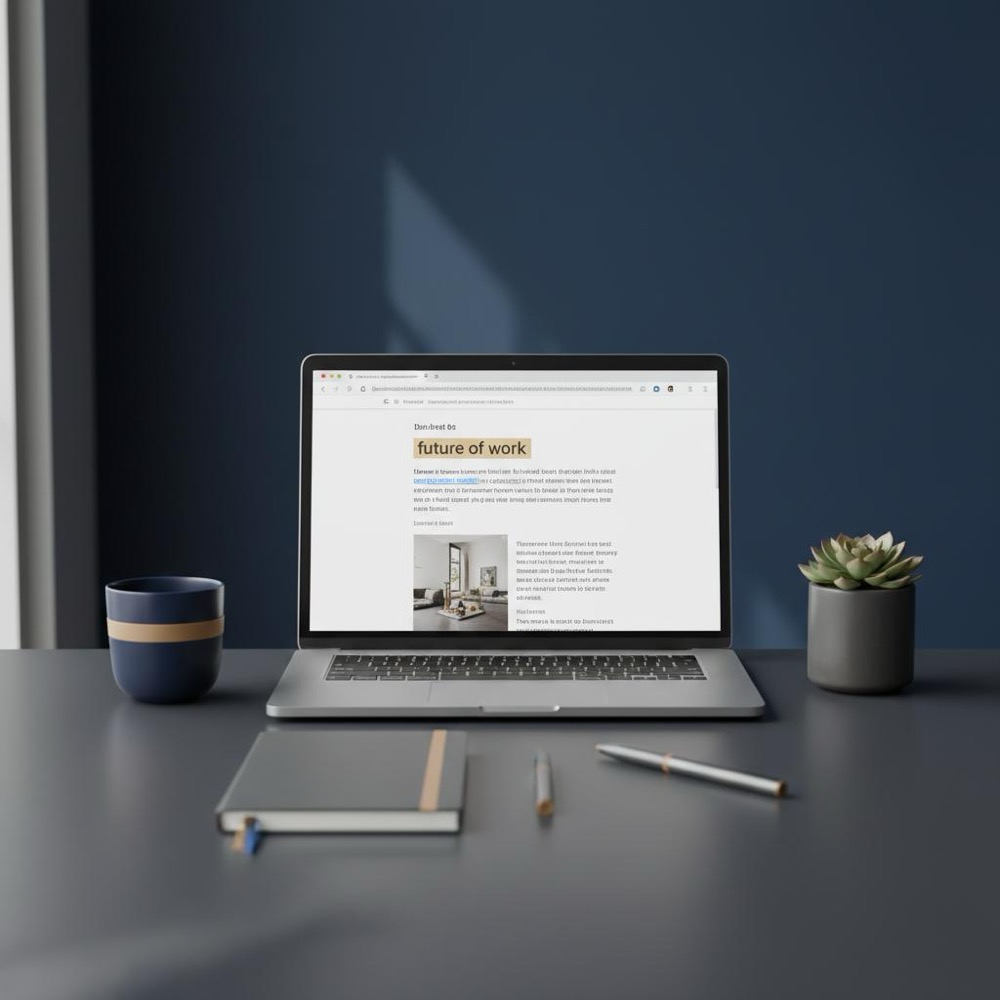 Minimalist workspace photo showing a browser article with a highlighted backlink example; desk items use muted #C8A45D accents on a deep navy #0B1E33 background.