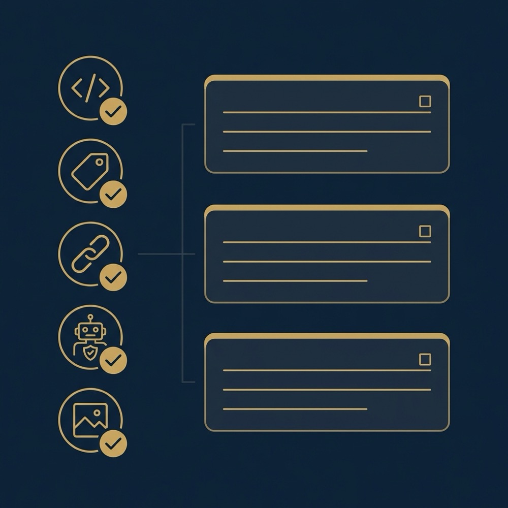 Minimalist 2D vector infographic of prepublish technical checklist icons and empty CMS field cards on dark navy background for seo copywriting